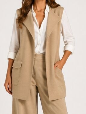 Chico's Black Label Tan Khaki Open Front Sleeveless Vest Jacket w Pockets